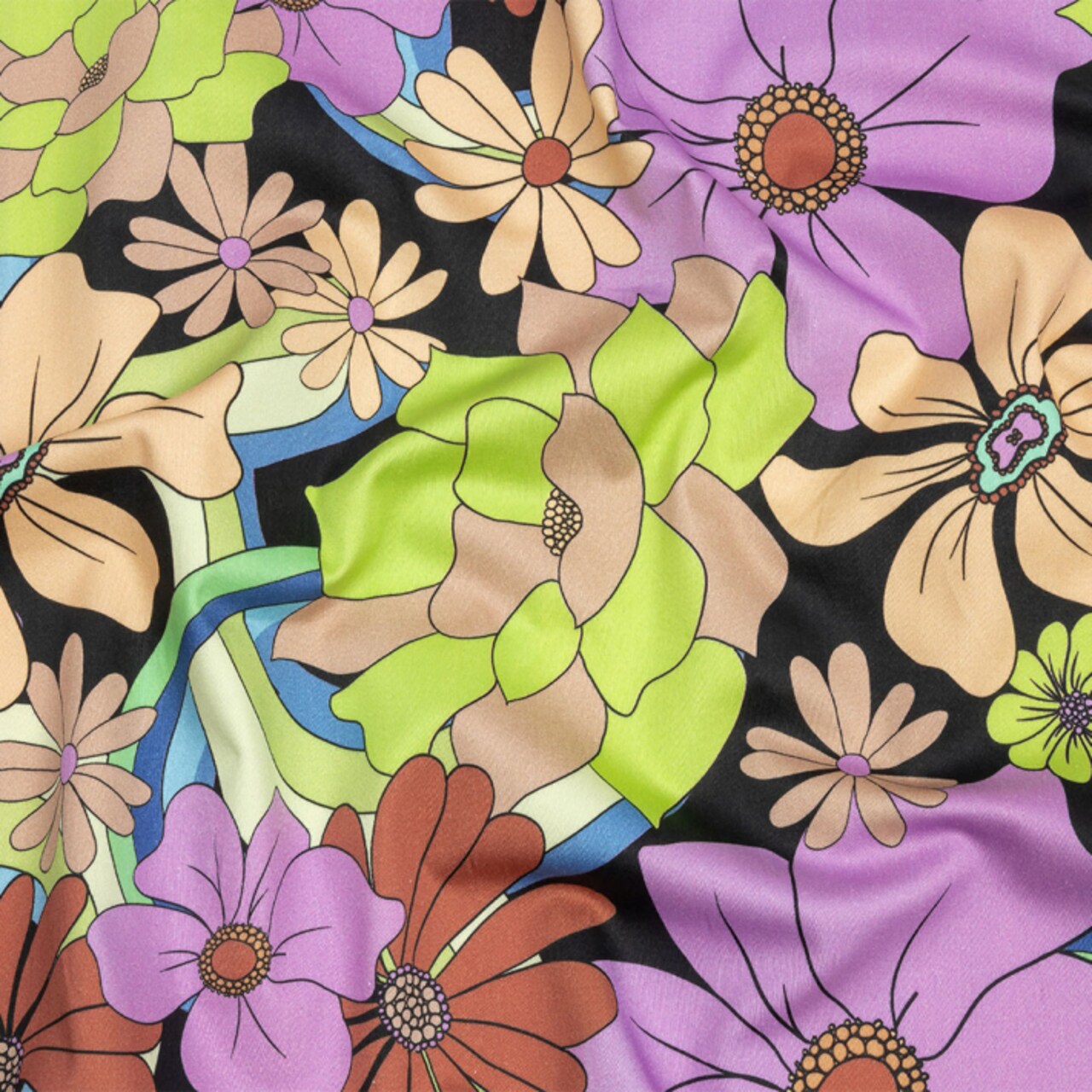 1 Yard Fanciful Flourish Stretch Cotton Sateen Black Beige and Purple Floral Fabric